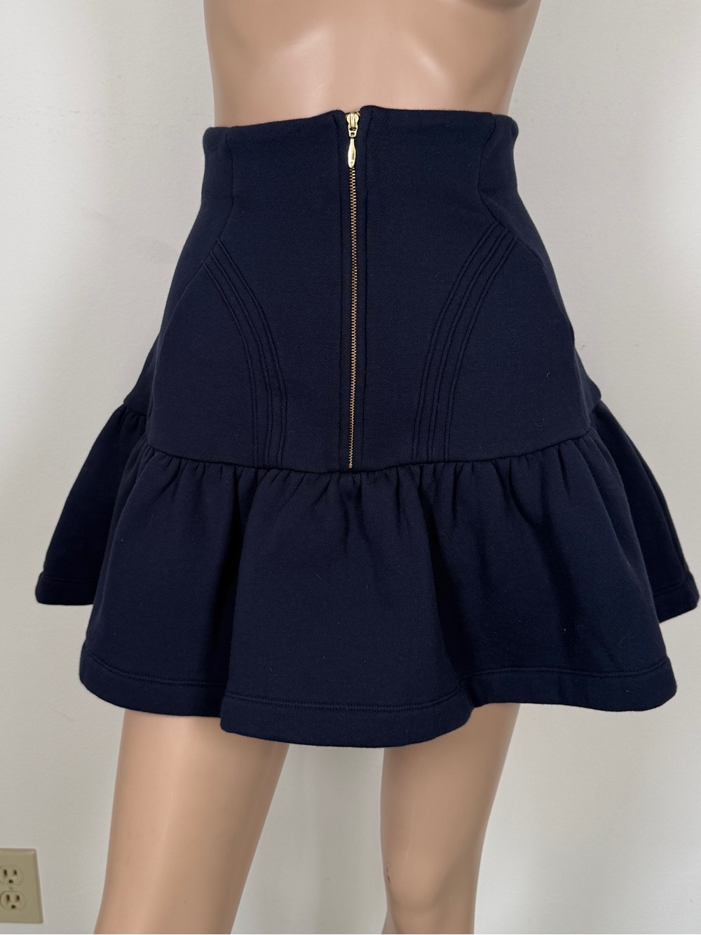 Selkie Navy High-Waist Ruffle Mini Skirt with Front Zip